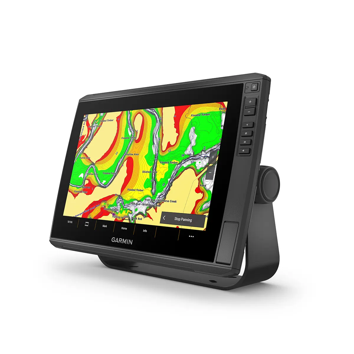 Left angle view of Garmin ECHOMAP Ultra 2 126sv chartplotter with aerial heatmap view on high-contrast vivid 12” screen