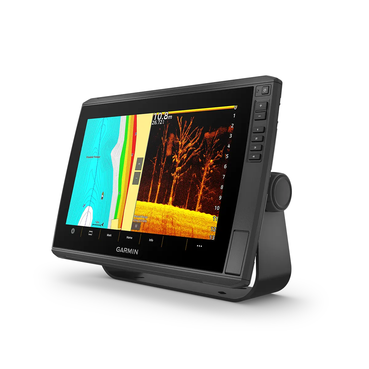 Garmin ECHOMAP Ultra 2 126sv bundle split screen of map and livescope sonar on 12"screen left angled