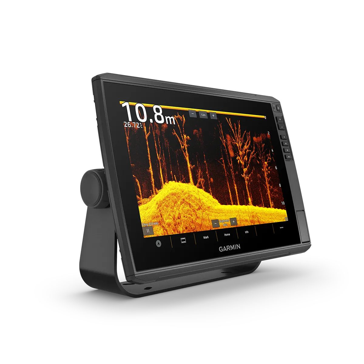 Right angle of Garmin ECHOMAP Ultra 2 126sv with CHIRP sonar of orange trees on 12” screen
