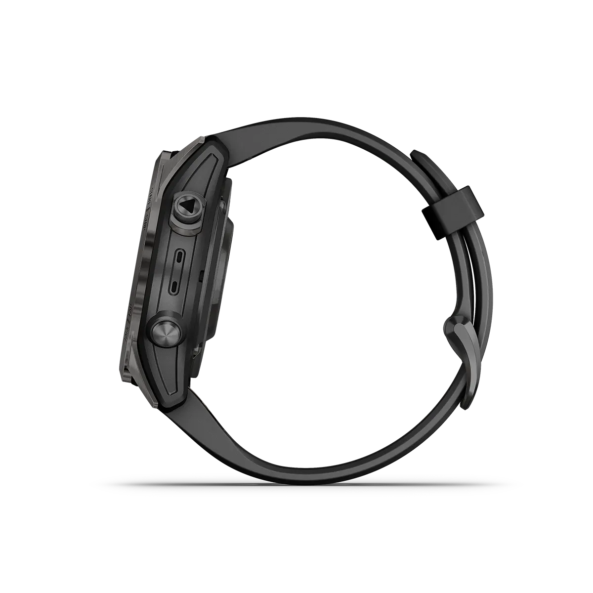 fenix 7S Pro Sapphire Solar Edition in Carbon Gray DLC Titanium with Black Band left side buttons