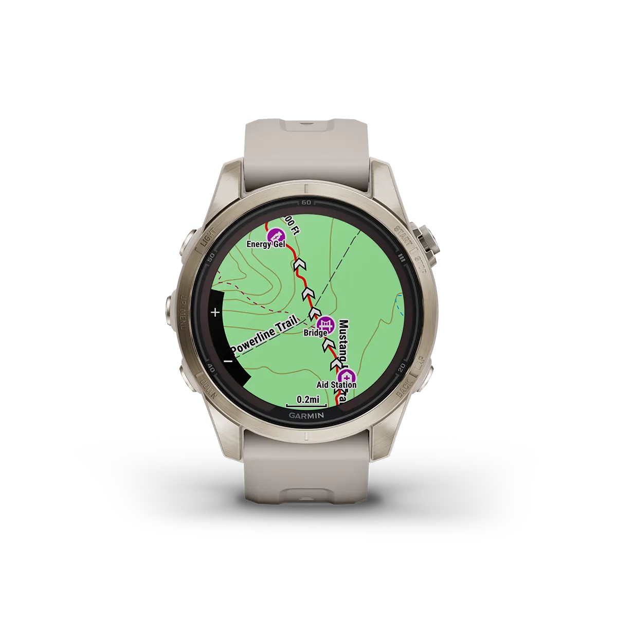 fenix 7S Pro Sapphire Solar Edition in Soft Gold with Light Sand Band topo map