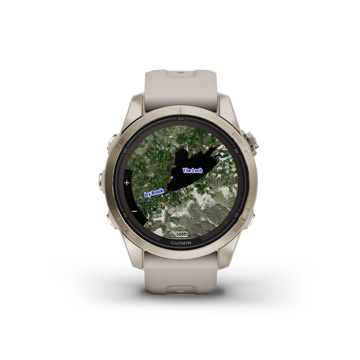 fenix 7S Pro Sapphire Solar Edition in Soft Gold with Light Sand Band satellite imagery map