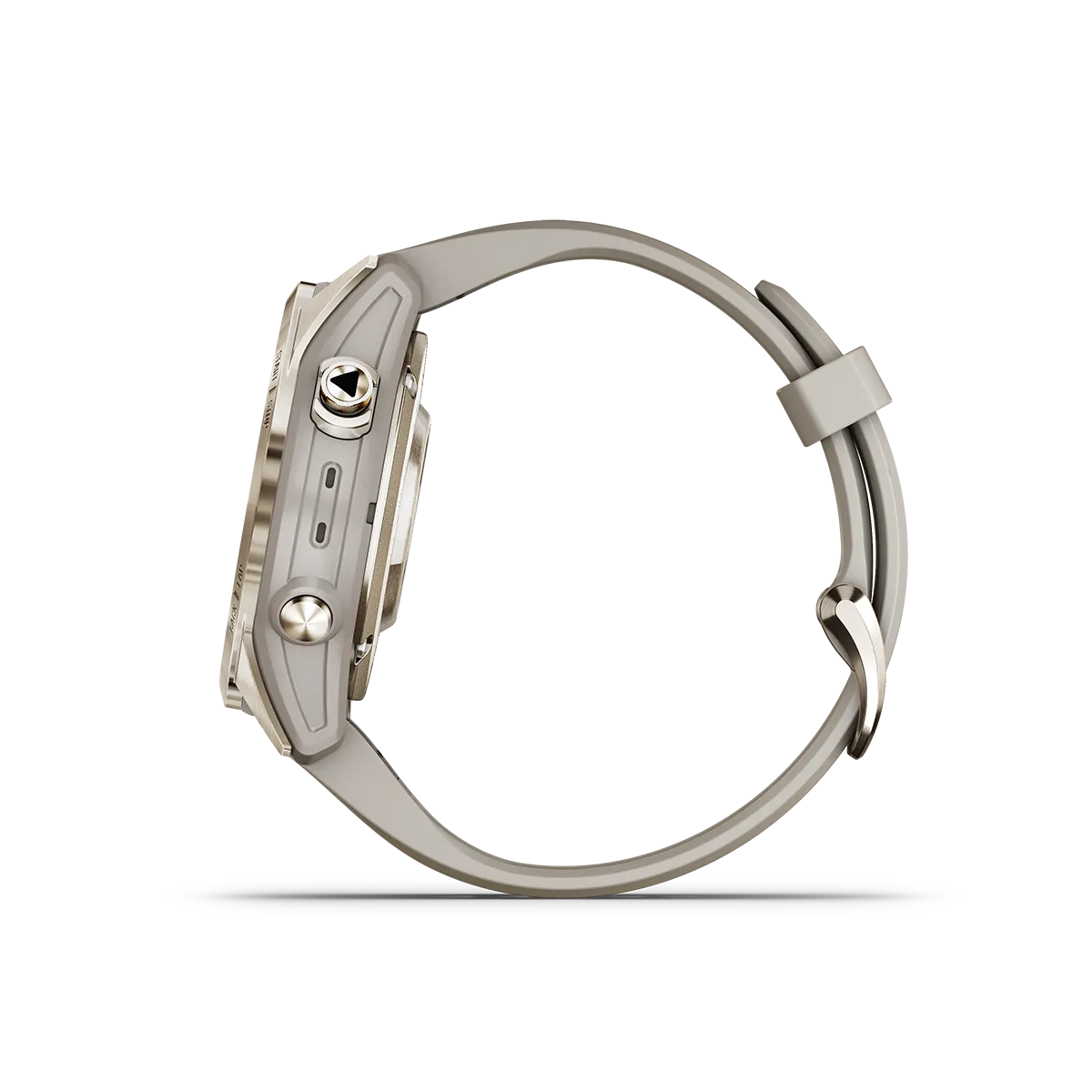 fenix 7S Pro Sapphire Solar Edition in Soft Gold with Light Sand Band right side with buttons
