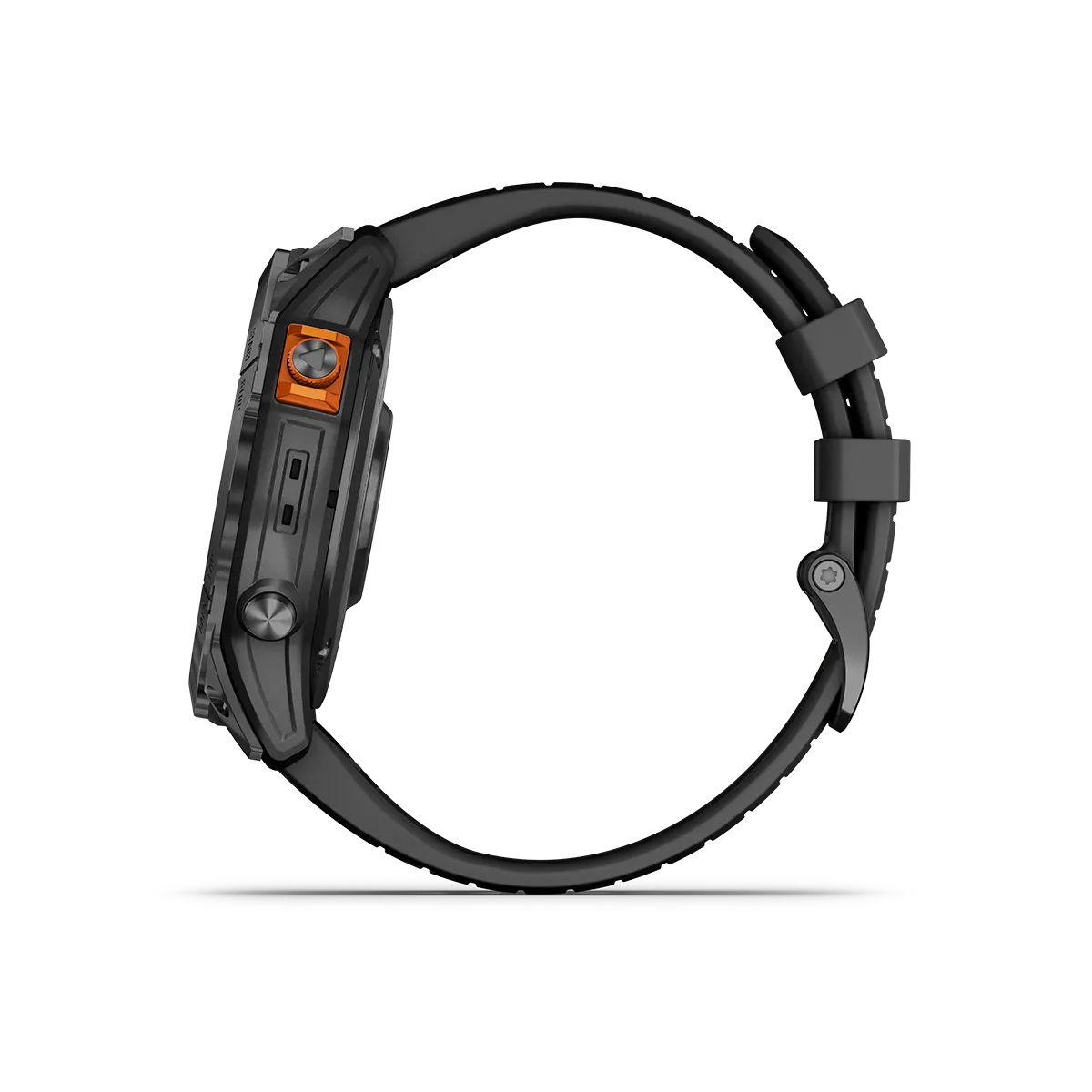 fenix 7X Pro Solar in Titanium with Slate Gray with Black Band left side with buttons