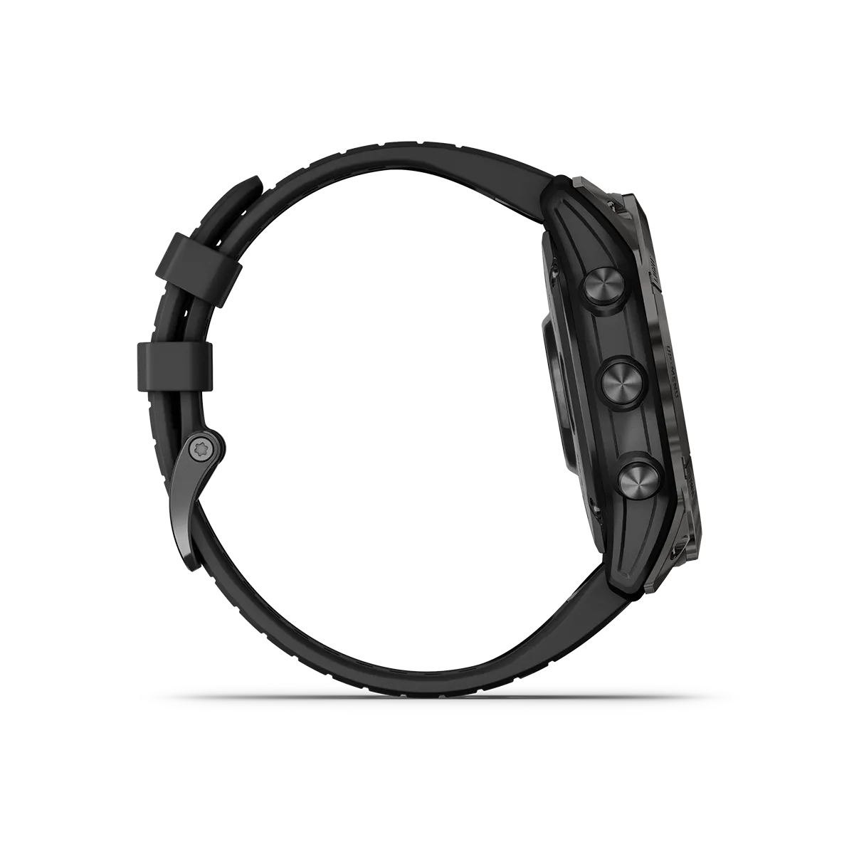 fenix 7X Pro Solar in Titanium with Slate Gray with Black Band right side with buttons