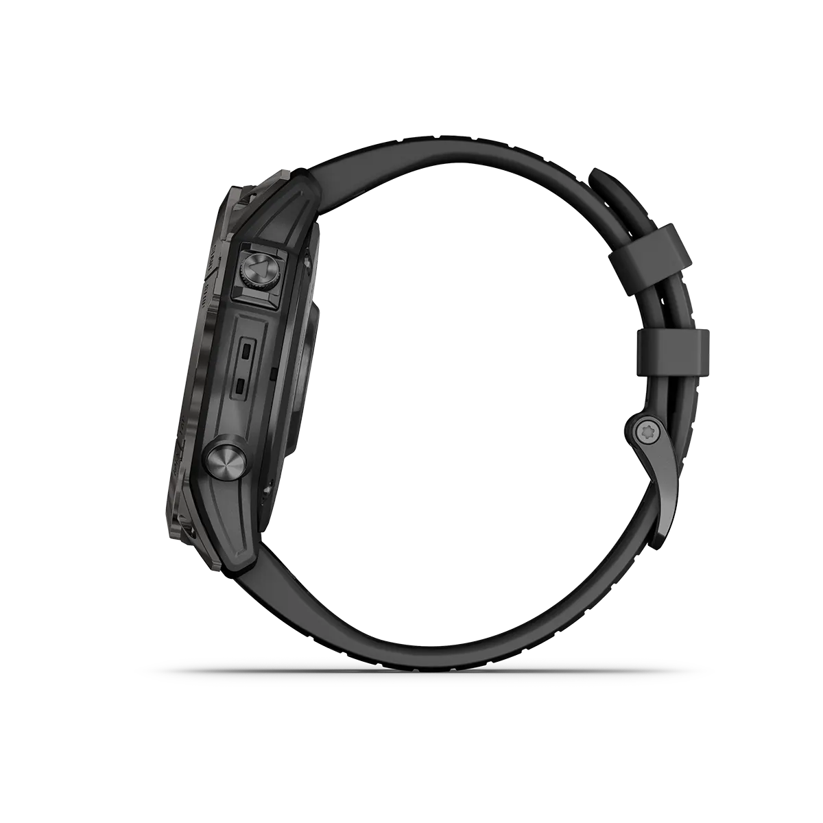 fenix 7X Pro Sapphire Solar in Titanium with Carbon Gray DLC Titanium with Black Band left side with buttons