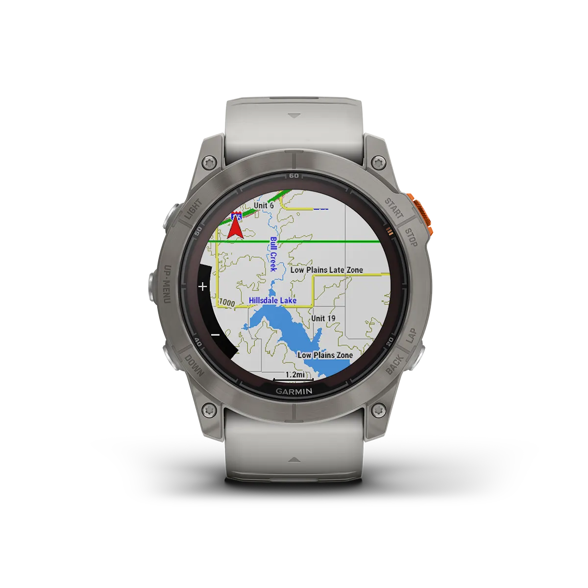 fenix 7X Pro Sapphire Solar in Titanium with Fog Gray/Ember Orange Band map view