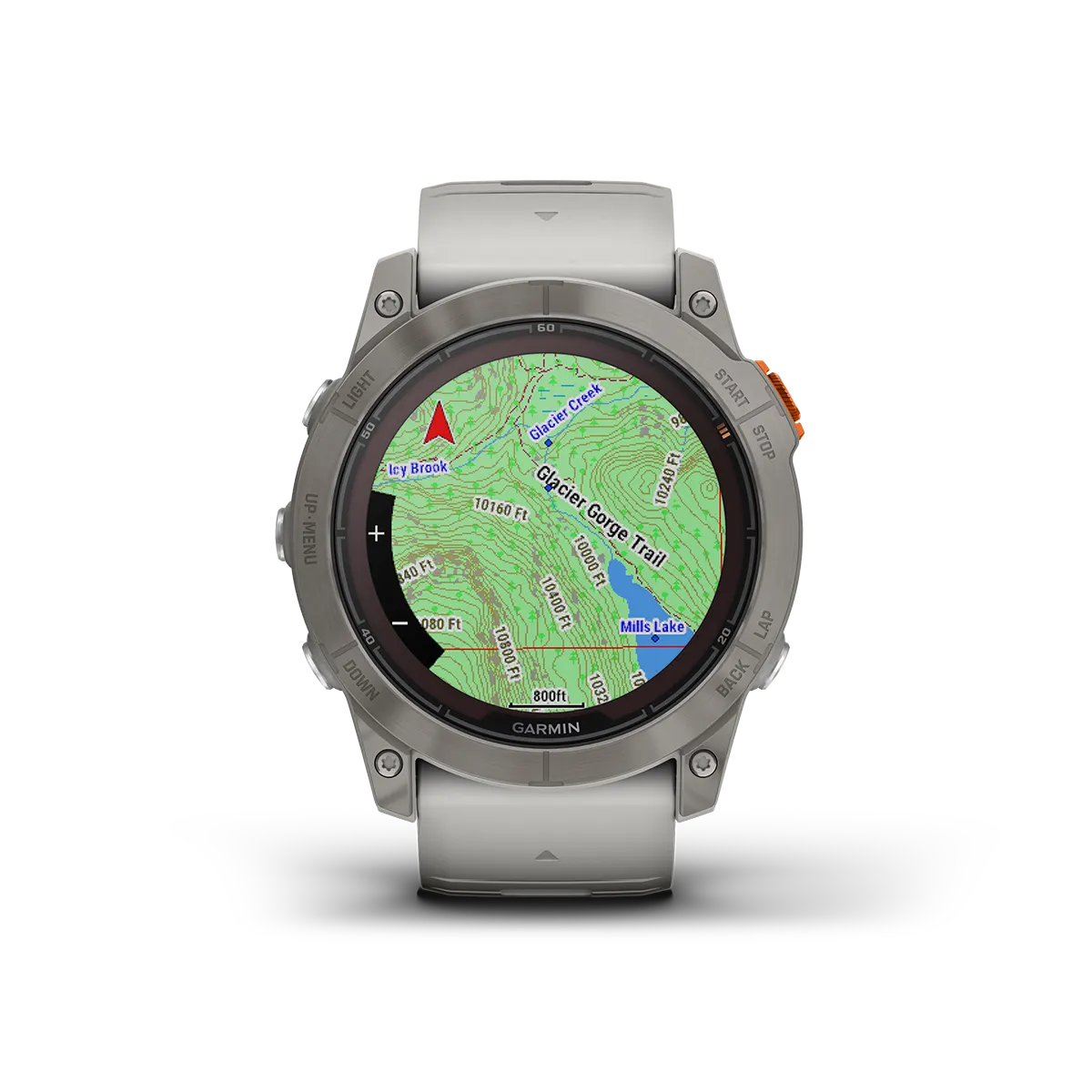 fenix 7X Pro Sapphire Solar in Titanium with Fog Gray/Ember Orange Band map