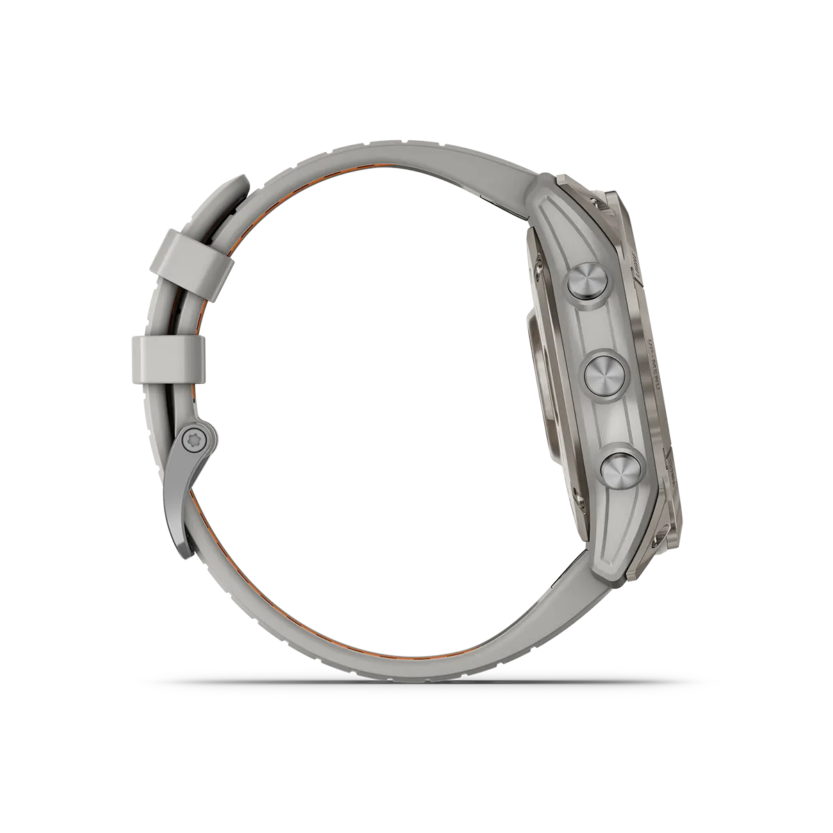 fenix 7X Pro Sapphire Solar in Titanium with Fog Gray/Ember Orange Band right side with buttons