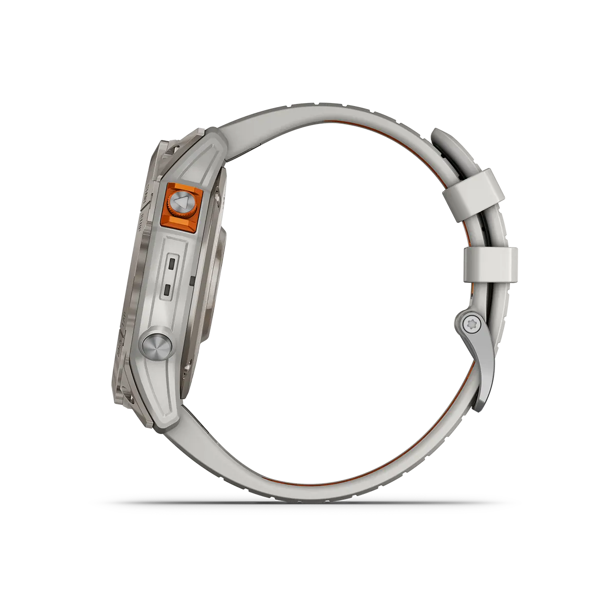 fenix 7X Pro Sapphire Solar in Titanium with Fog Gray/Ember Orange Band left side with buttons