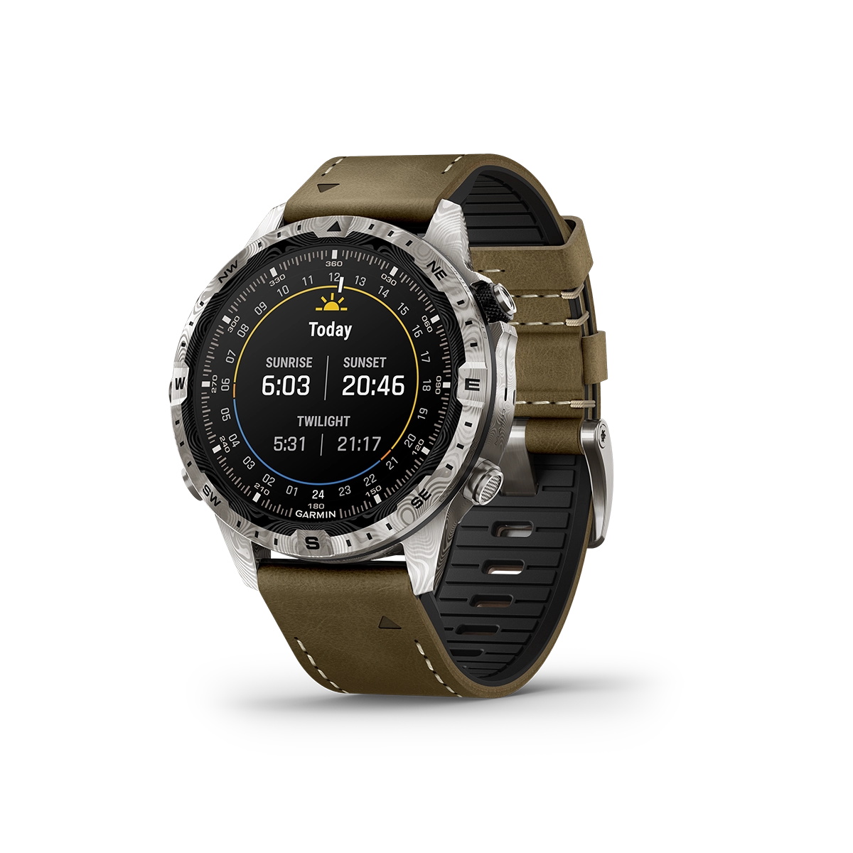 Garmin MARQ Adventurer (Gen 2) - Damascus Steel Edition sunrise sunset screen