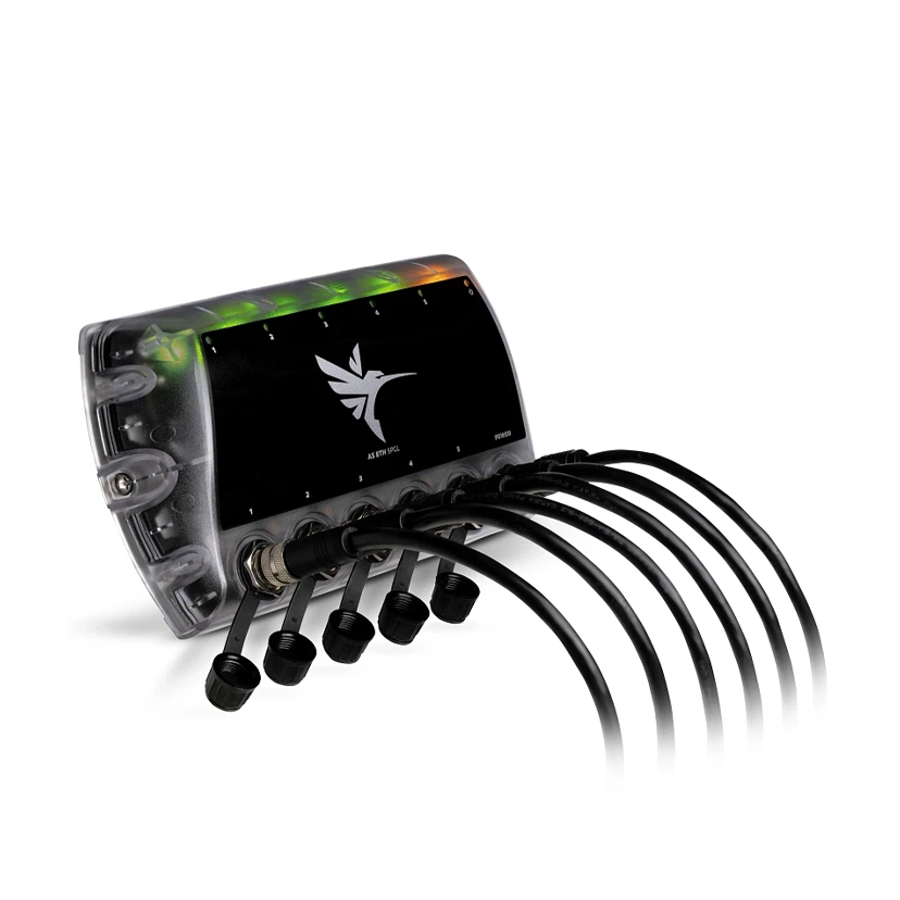 Humminbird AS ETH 5PGL - 5 Port Ethernet Switch with cables and green and orange lights