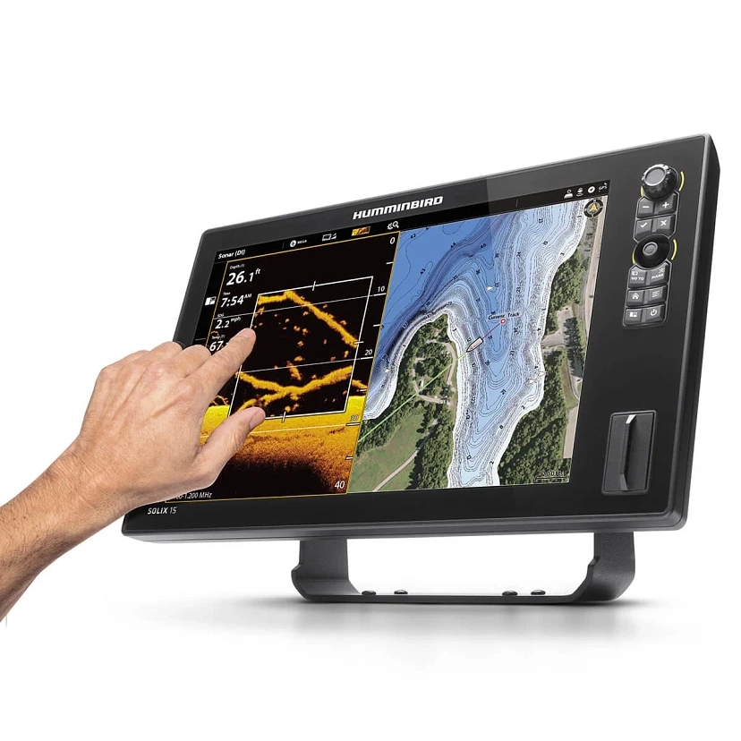 Humminbird SOLIX 15 left angled view with hand touching