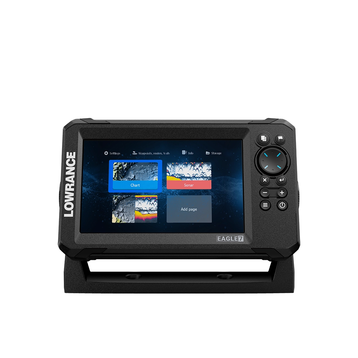 Lowrance Eagle 7 fish finder menu screen showing chart, sonar, and split screen views