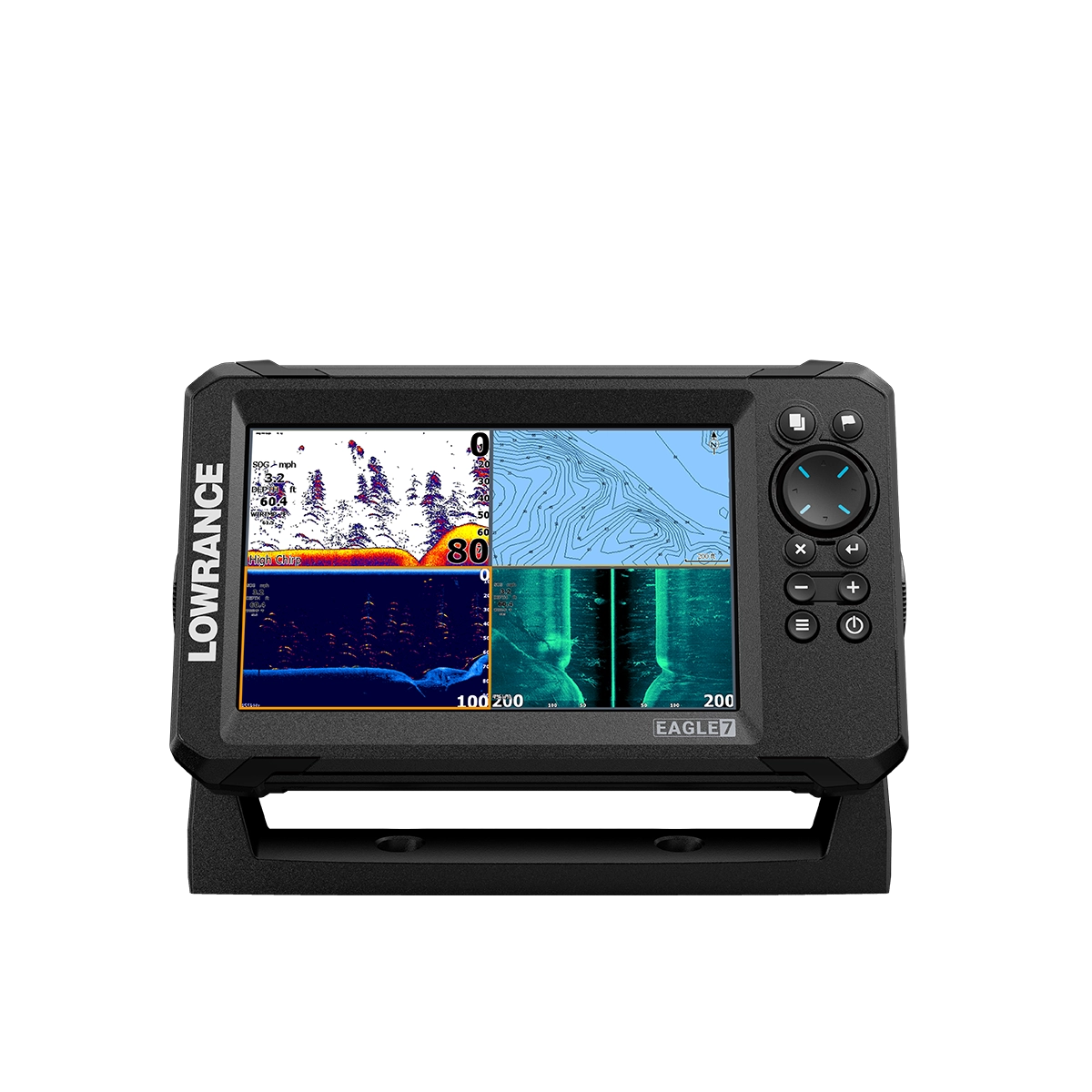 Lowrance Eagle 7 fish finder 4-way split screen view charts, maps and sonar