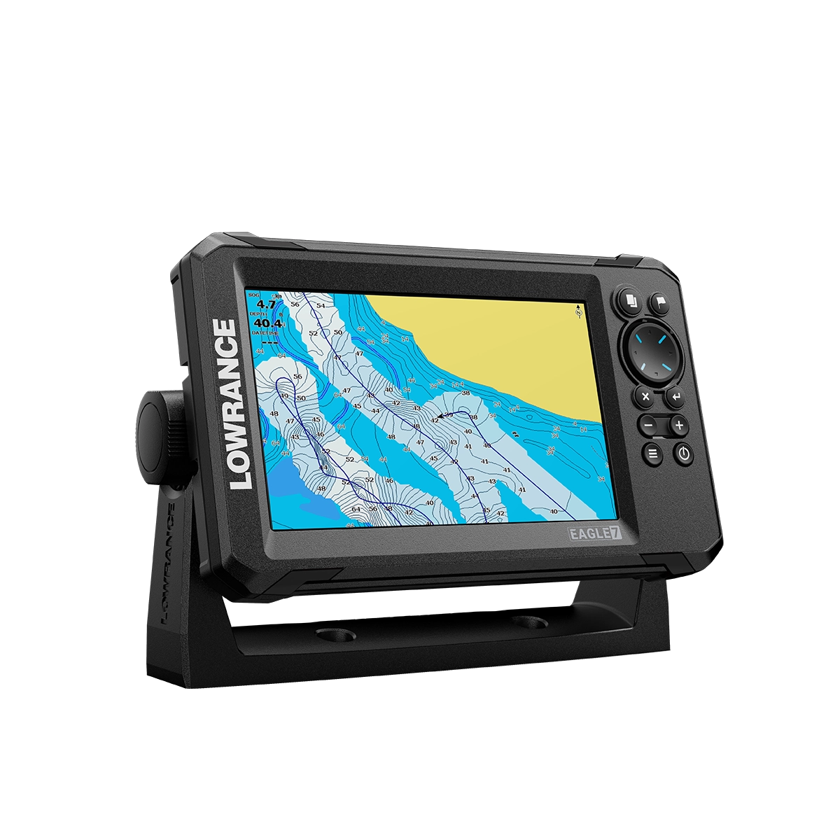 Lowrance Eagle 7 angled right view with charts screen plotting fish underwater