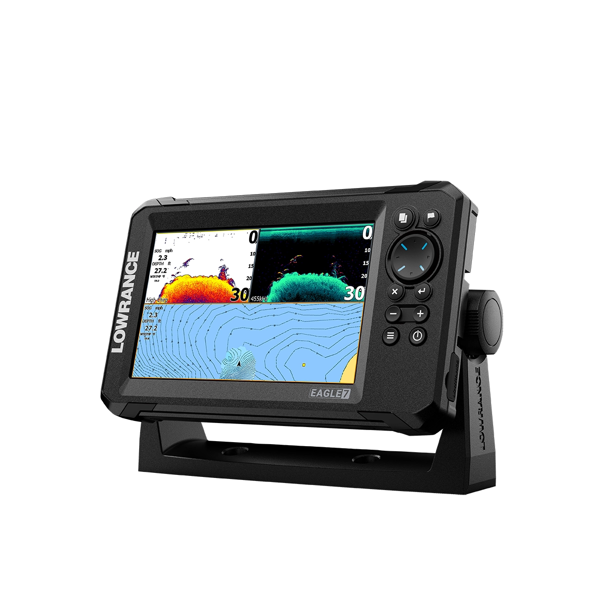 Lowrance Eagle 7 fish finder angled view of 3-way split screen of sonar and charts