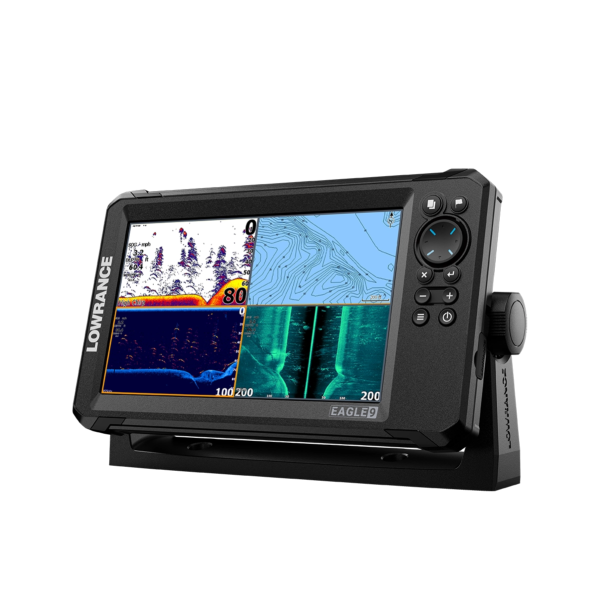 Lowrance EAGLE 9 TS + C-MAP left view with 4 split screen