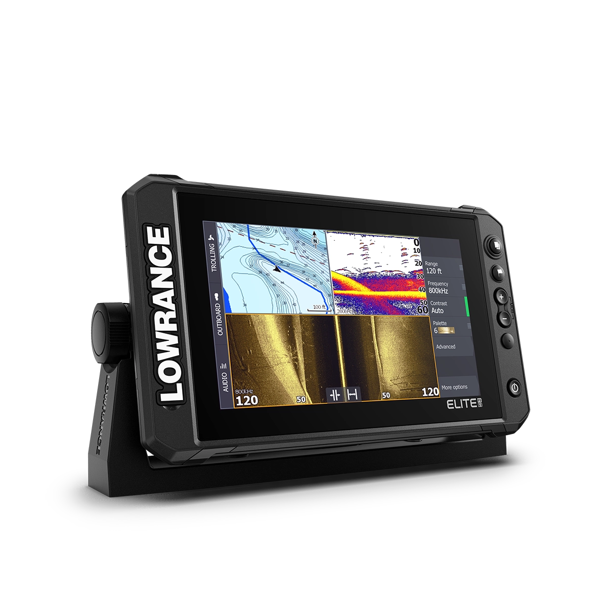 Lowrance ELITE FS 9 left angled view with split screen