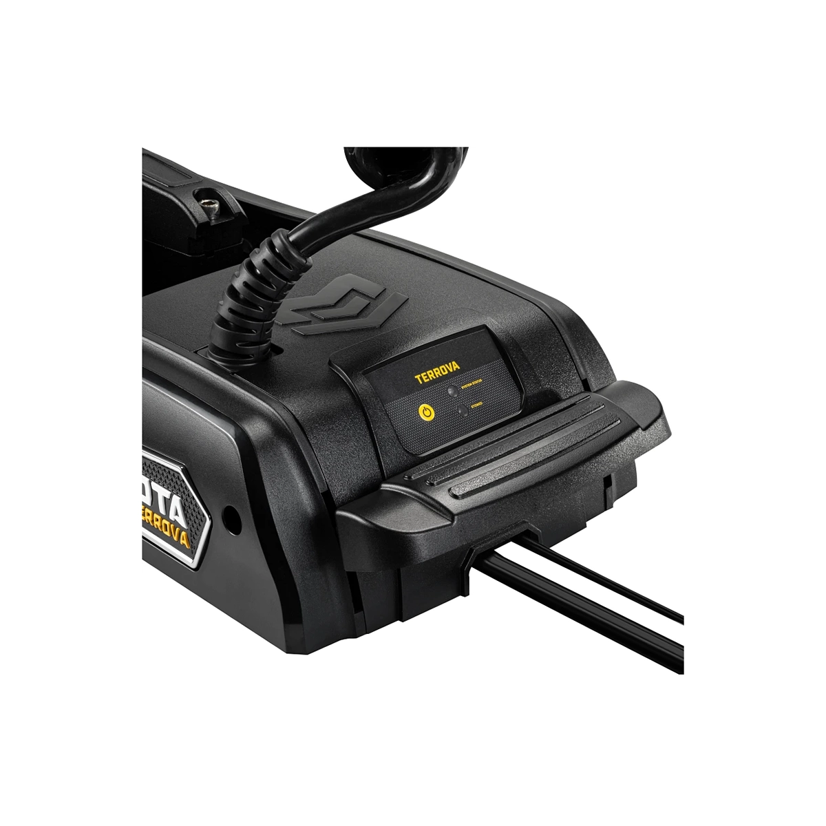 Minn Kota trolling motor close-up of boat motor and battery on Terrova Quest 90/115 lb. thrust