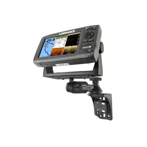 RAM-109VSB: RAM Vertical 6" Swing Arm Mount with Round Ball Adapter with chartplotter mounted on it