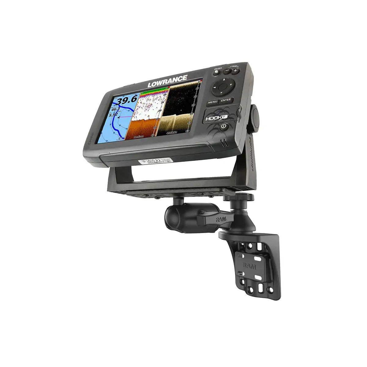 RAM-109VSB: RAM Vertical 6" Swing Arm Mount with Round Ball Adapter with chartplotter mounted on it