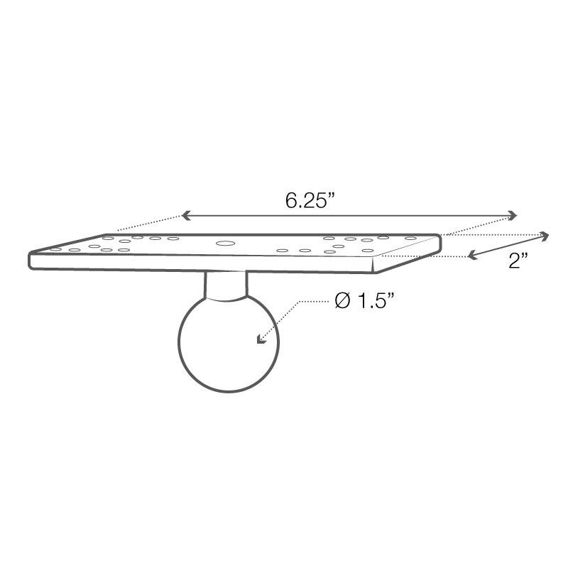RAM-109VSB: RAM Vertical 6" Swing Arm Mount with Round Ball Adapter plate with ball measurements graphic