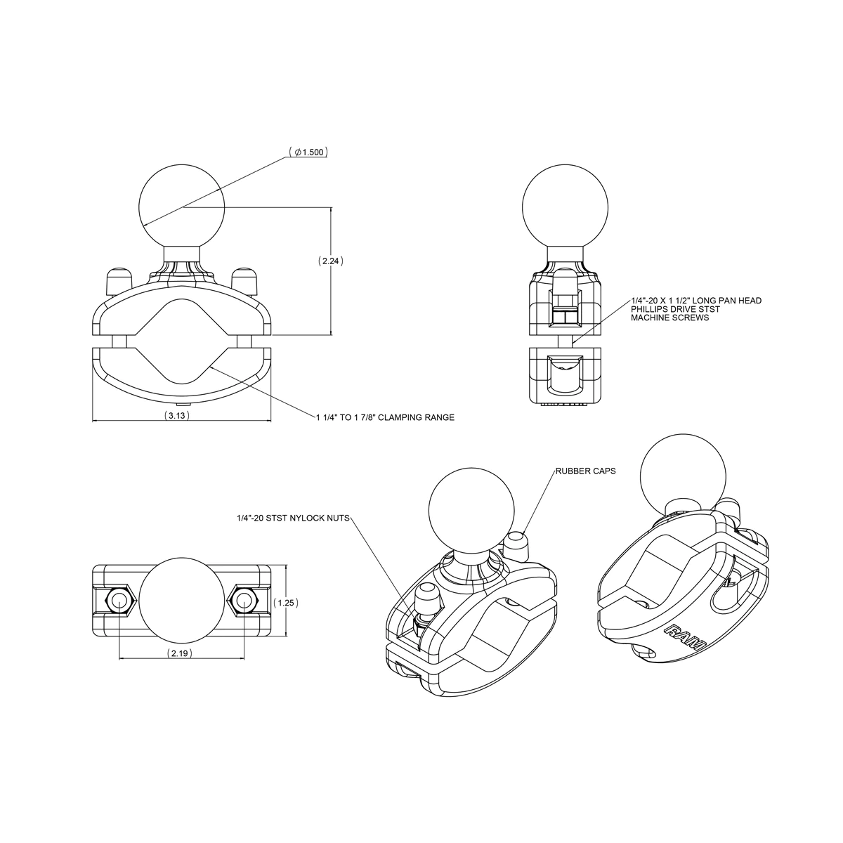RAM-271U-12: RAM Rail Clamp Ball Base for 1.25" - 1.875" Rails - C Size technical graphics