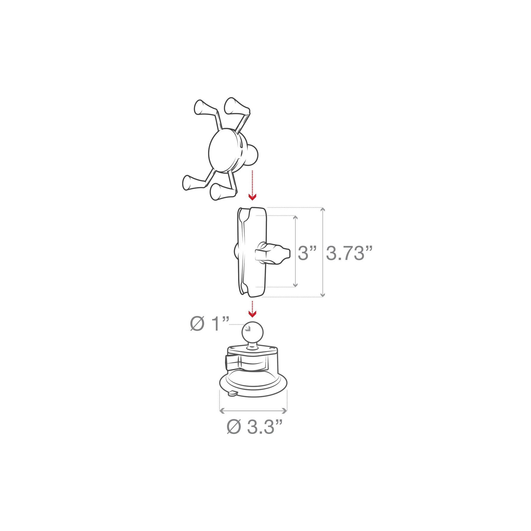 RAM-B-166-UN7U: RAM X-Grip Phone Mount with RAM Twist-Lock Suction Cup measurements graphic