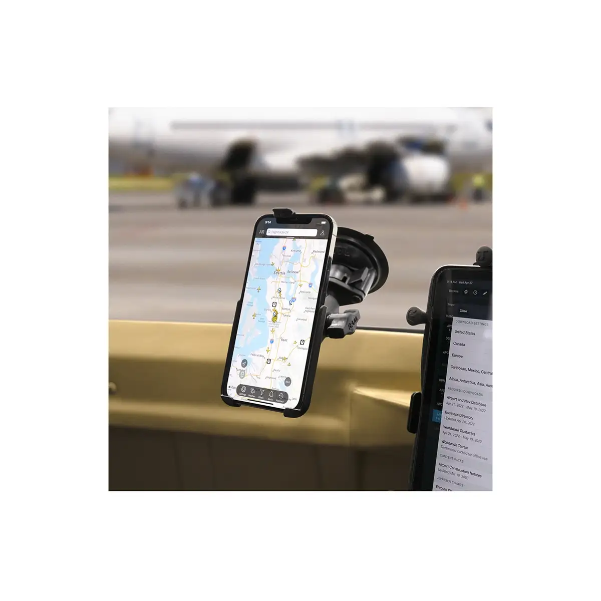 RAP-B-224-1U: RAM Twist-Lock Composite Suction Cup Base with Ball in use with smartphone on windshield