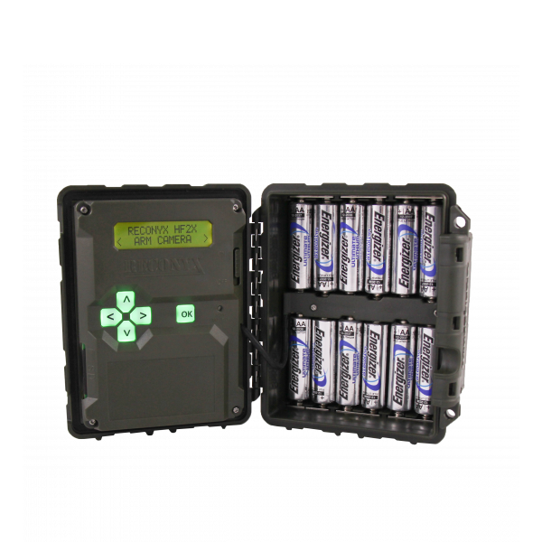 Reconyx HyperFire 2 License Plate Capture Camera in green open with batteries and display