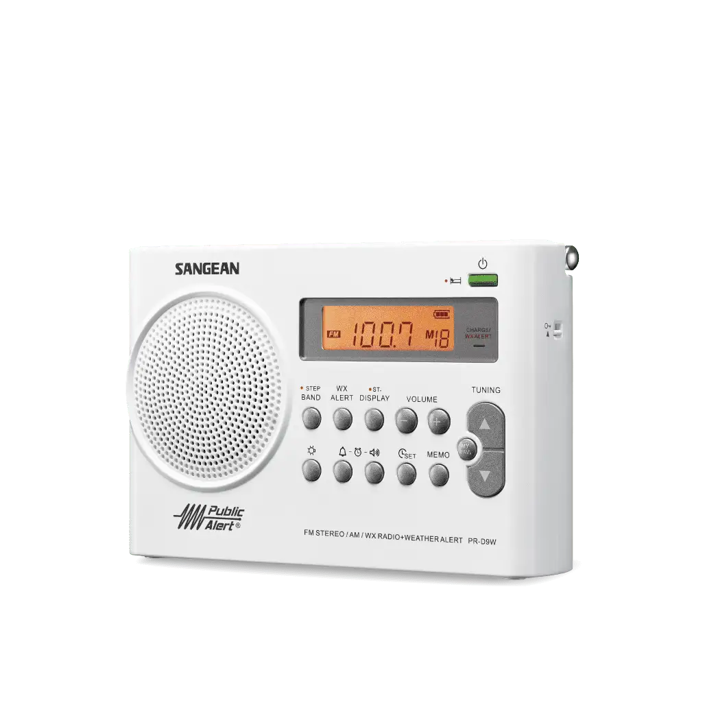 Sangean PR-D9W Portable AM / FM Stereo Radio in white angled left view