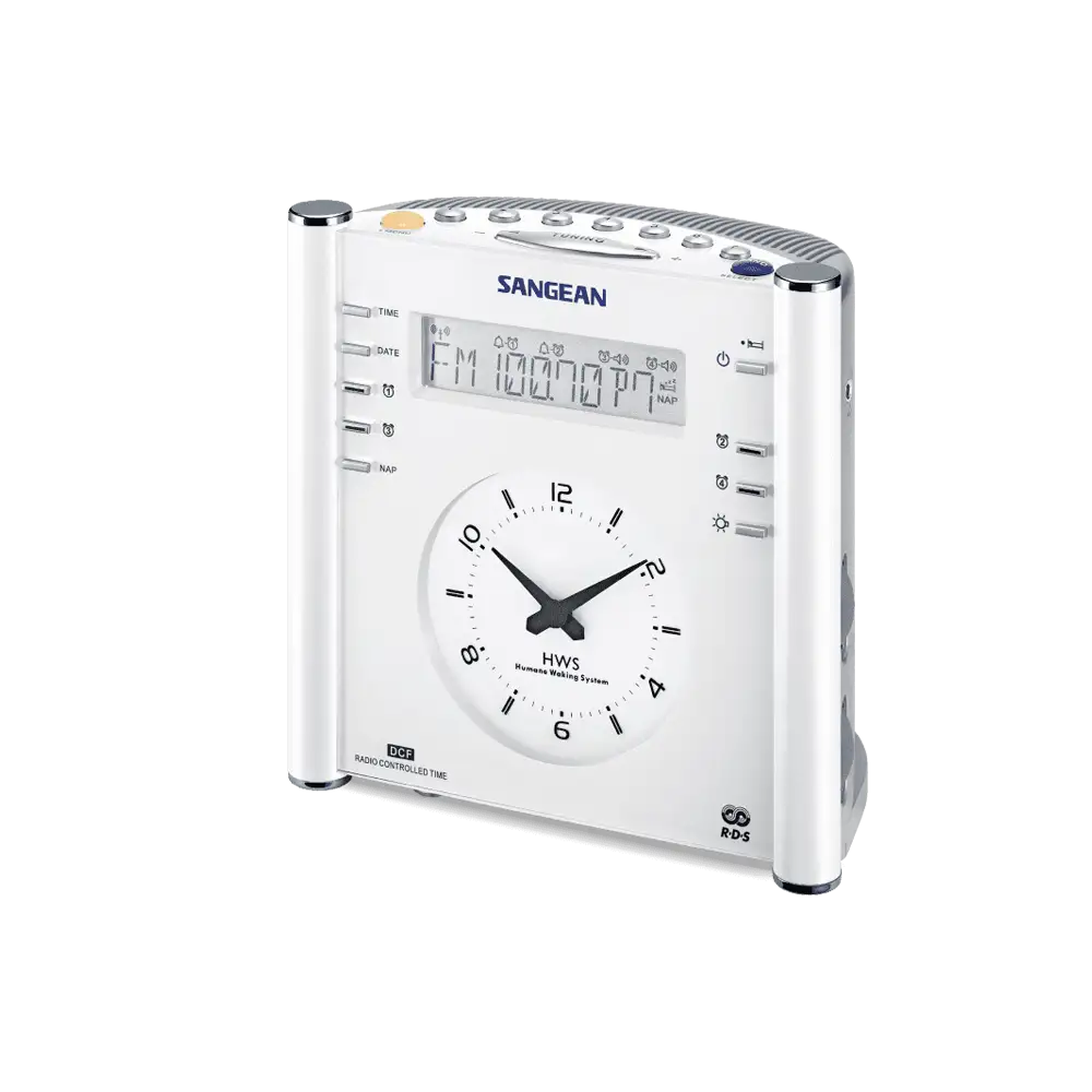Sangean RCR-3 AM / FM-RBDS / AUX-In Tuning Radio angled left view with front and top showing
