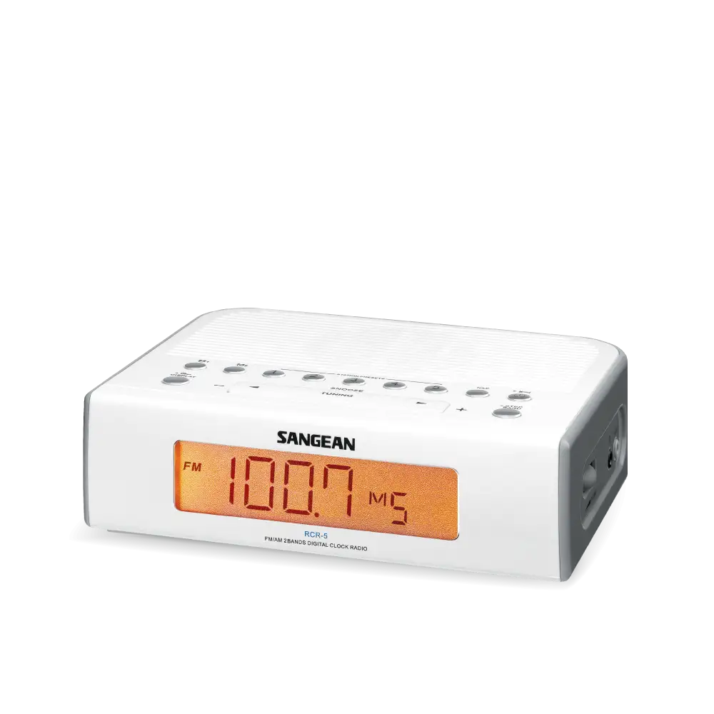Sangean RCR-5 AM/FM Digital Tuning Radio in white angled left front view