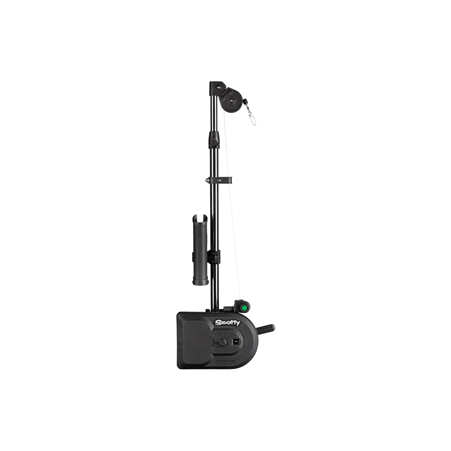 Scotty 1106B Depthpower electric downrigger top view of rod, mount, and downrigger