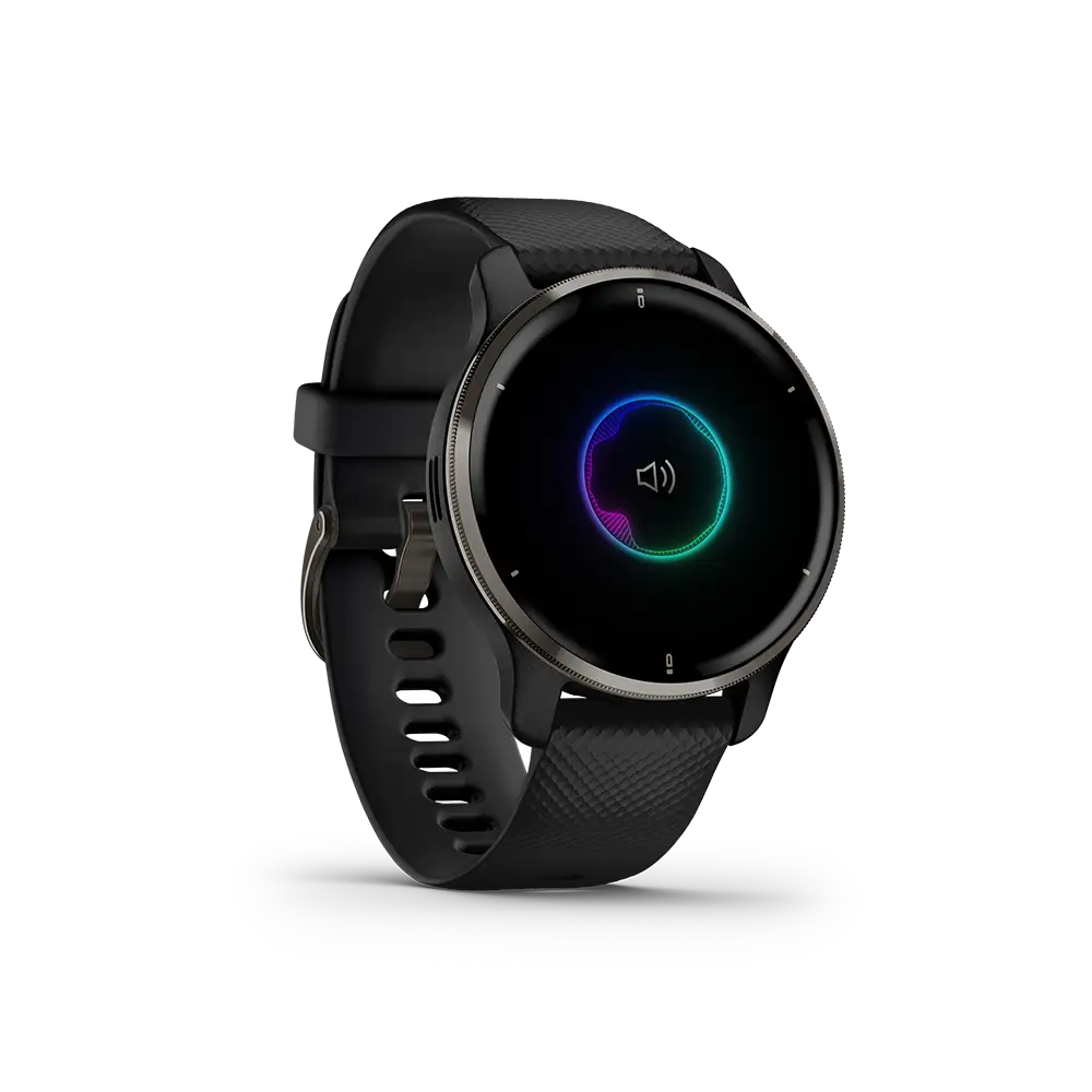 Garmin Venu 2 Plus in black with music playing screen