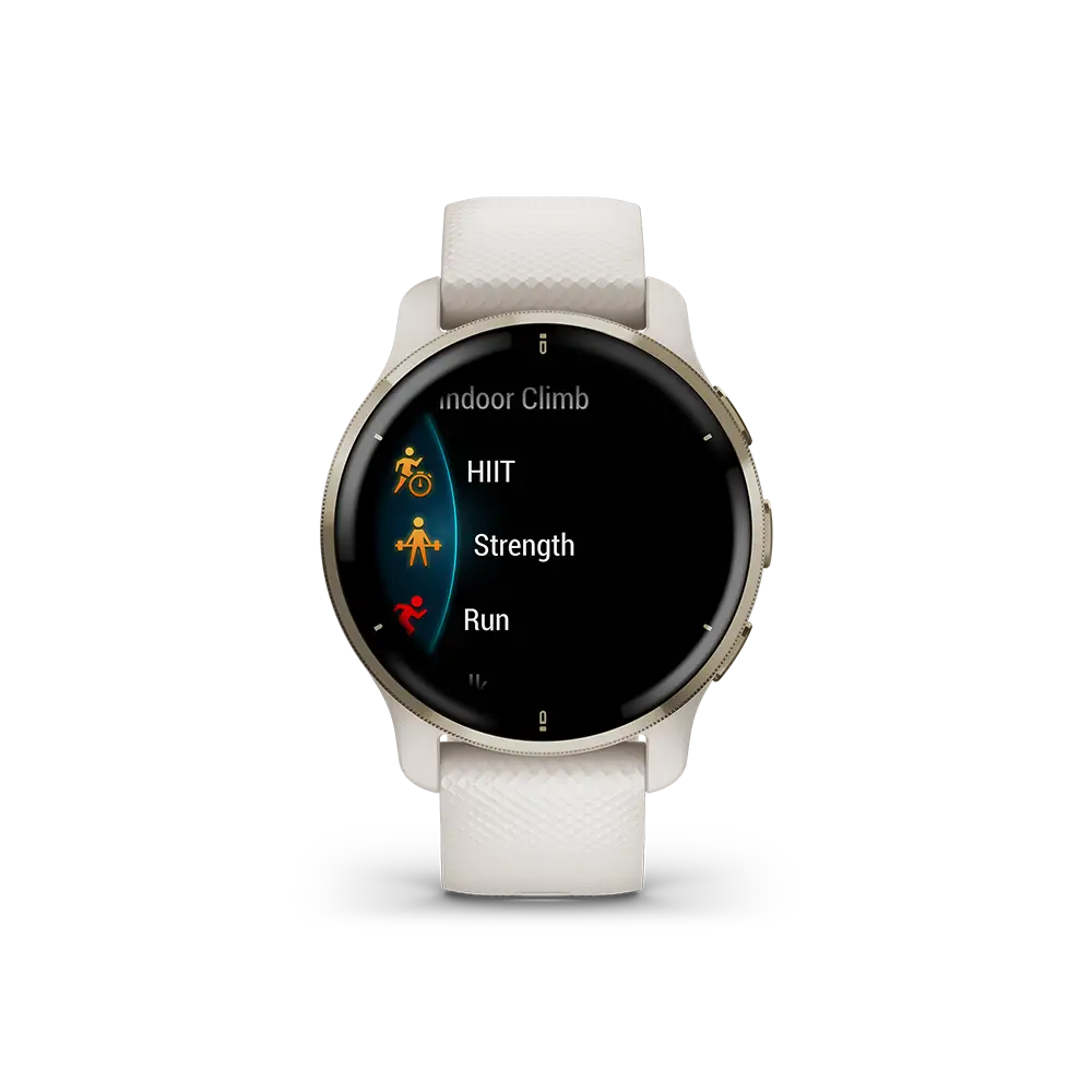 Garmin Venu 2 Plus in ivory with menu options