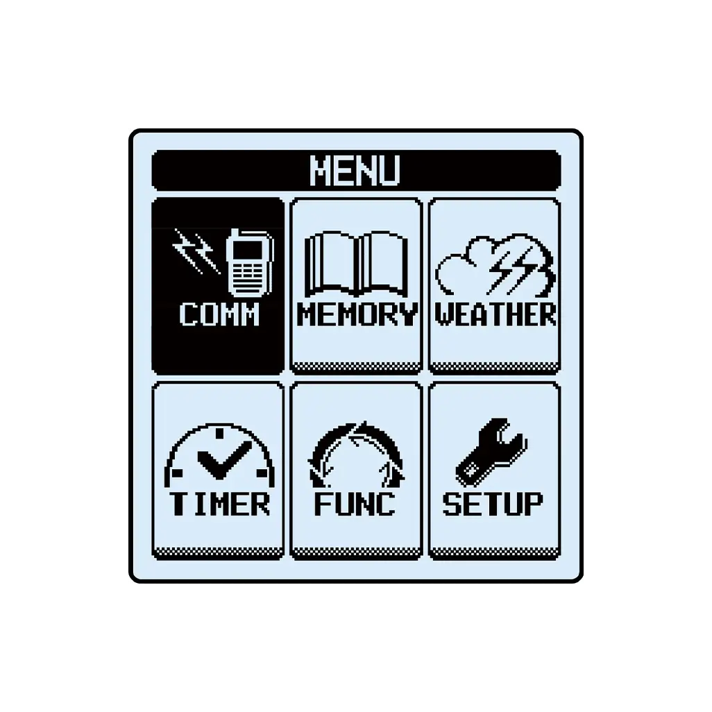 Menu Display of Yaesu FTA-550 airband transceiver for aircraft communication with versions FTA-550L and FTA-550AA