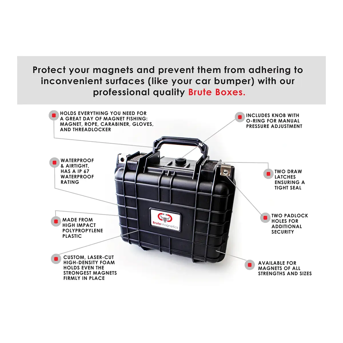 Brute Box Double Sided 1,700lb Magnet Fishing Bundle case features