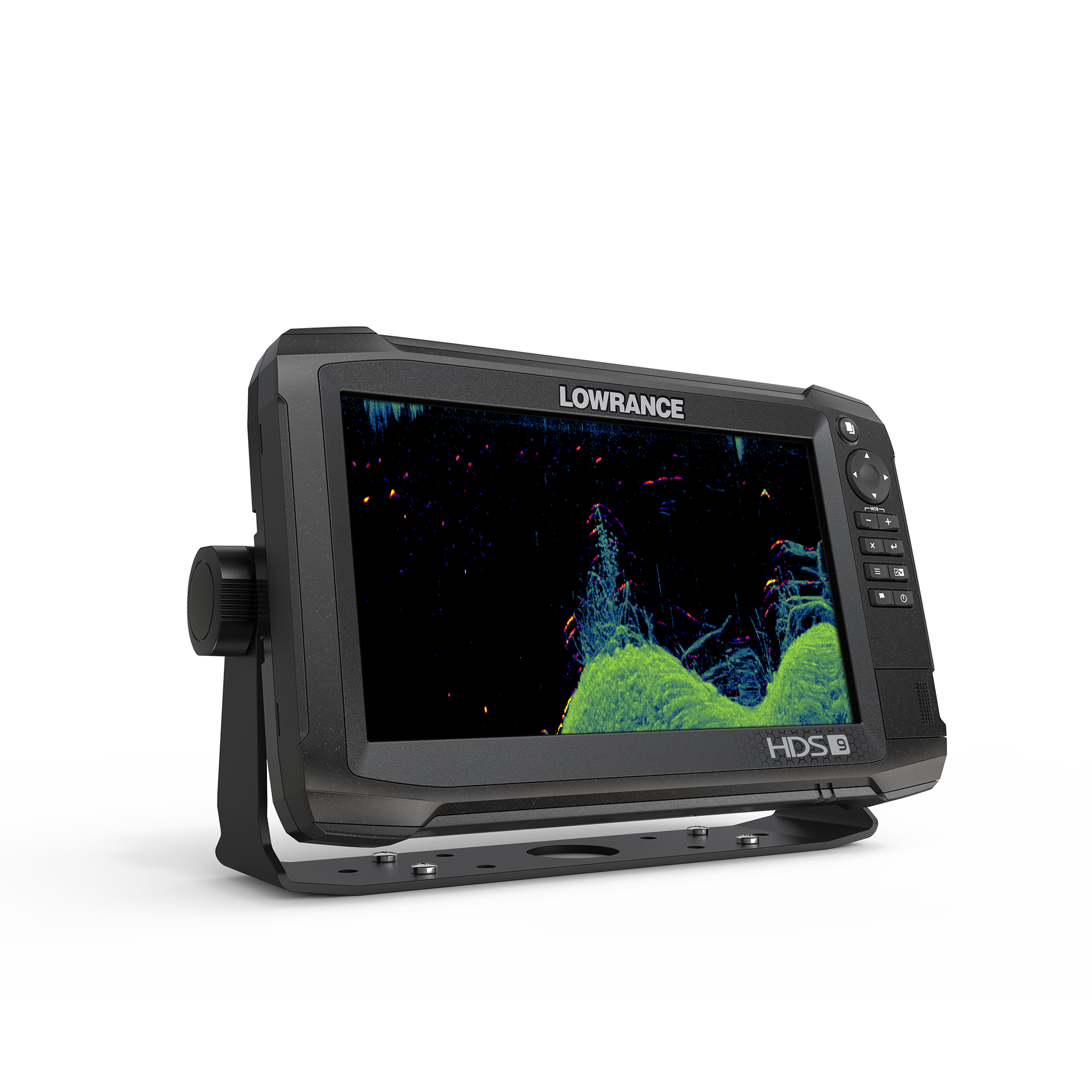 Lowrance HDS Carbon 9 fish finder and chartplotter angled view showing sonar