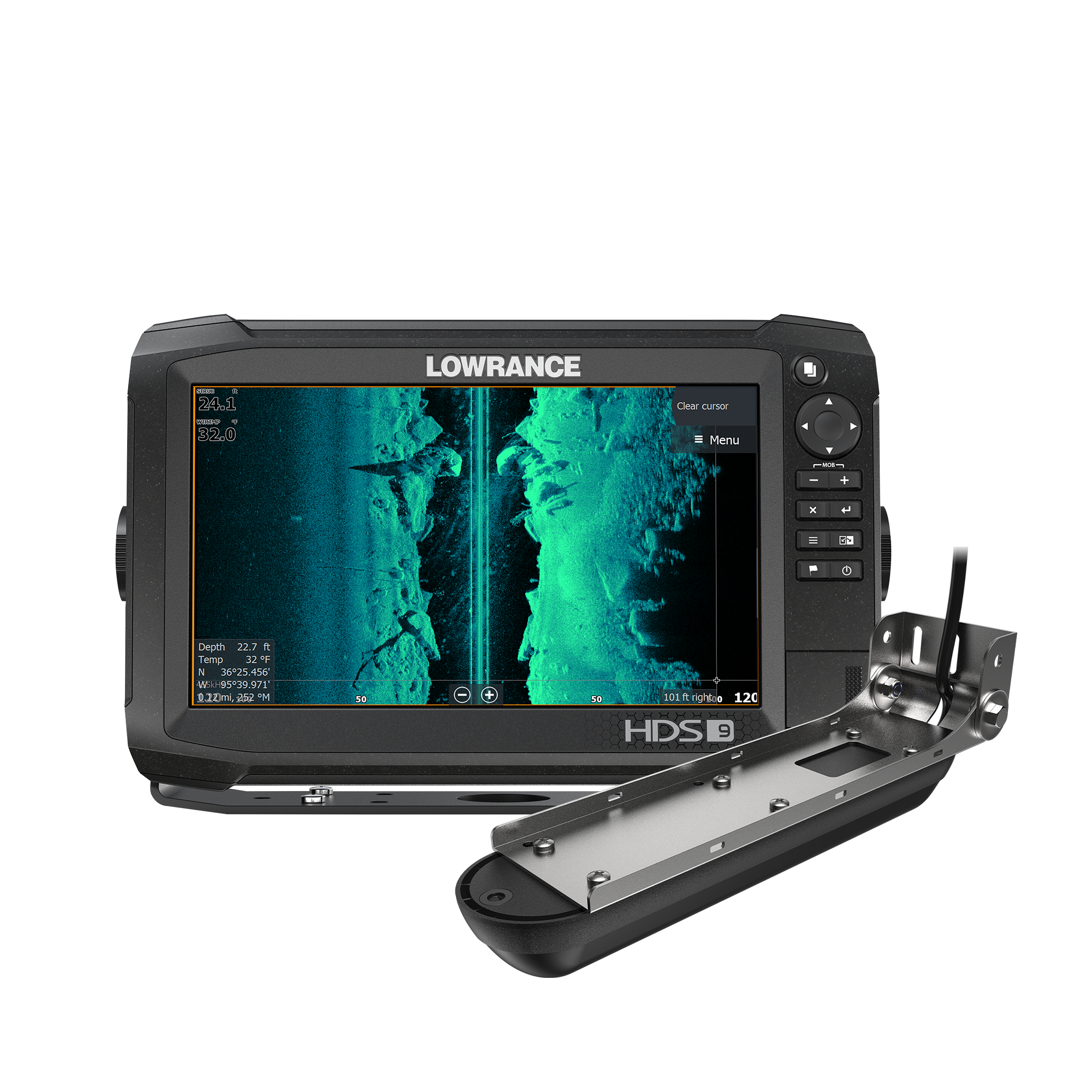 Lowrance fish finder HDS 9 Carbon with transducer showing sonar map on 9” screen